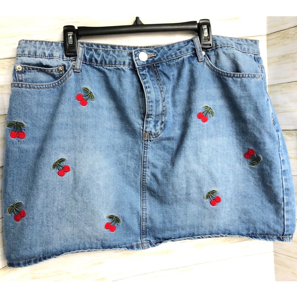 F21+ Cherry Embroidered Jean Mini Skirt
